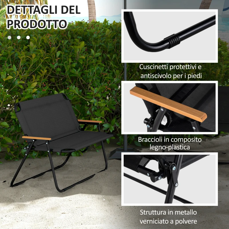 Outsunny Sedia da Campeggio Doppia 2 Posti Pieghevole in Acciaio e Tessuto Oxford, 108x65x73cm, Nero