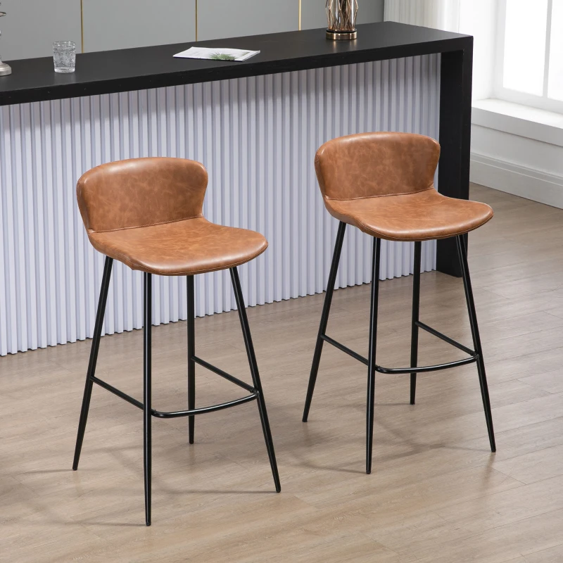 HOMCOM Bar Stools Set of 2, PU Leather Upholstered Bar Chairs, Breakfast Kitchen Counter Chairs with Backs, Steel Legs and Footrests for Dining Room, Brown