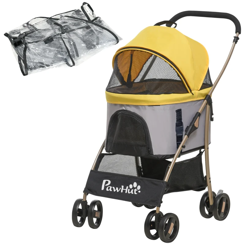 PawHut Detachable Pet Stroller with Rain Cover, 3 In 1 Cat Dog Pushchair, Foldable Carrying Bag w/ Universal Wheels, Brake, Canopy, Basket, Storage Bag for Small and Tiny Dogs - Yellow