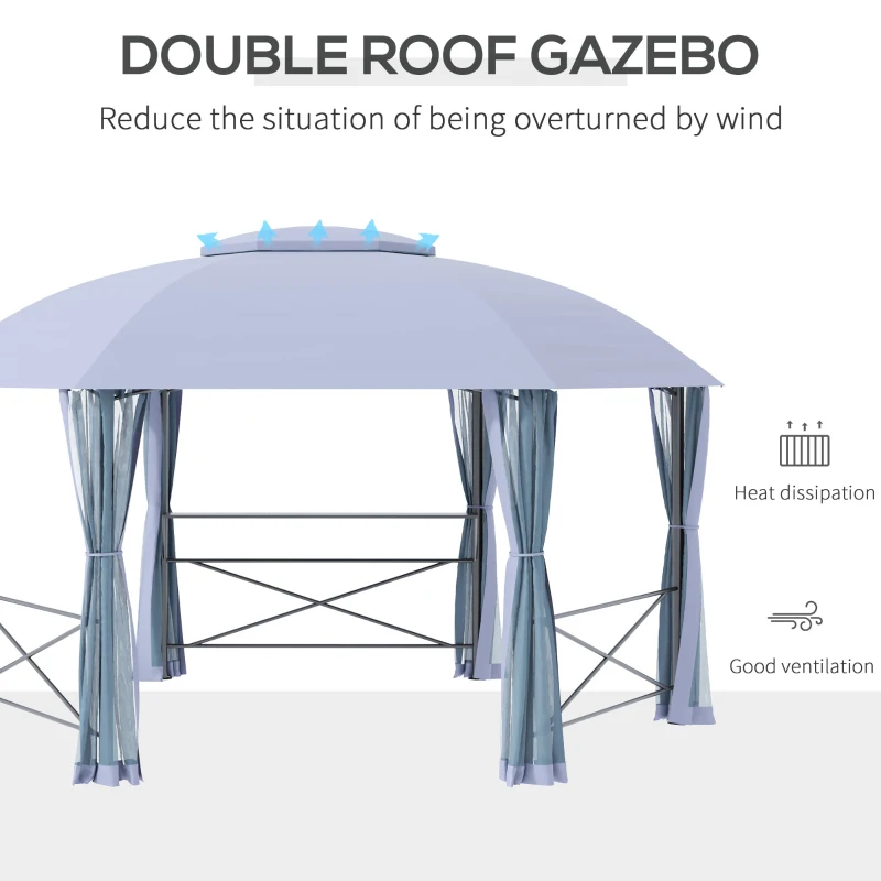 Outsunny 4 x 4.7(m) Patio Metal Gazebo Canopy, Hexagon Shape Garden Gazebo, Outdoor Sun Shade Shelter with 2 Tier Roof, Netting, Steel Frame, Grey
