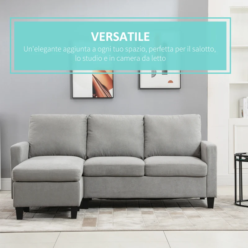 HOMCOM Divano Angolare Moderno e Componibile, Divano 3 Posti con Penisola Reversibile in Tessuto Grigio Chiaro, 197x139x 91cm