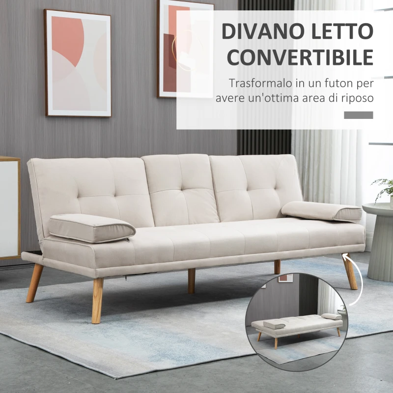 HOMCOM Divano Letto 3 Posti Reclinabile con Rivestimento Effetto Lino e Tavolino a Ribalta, Beige