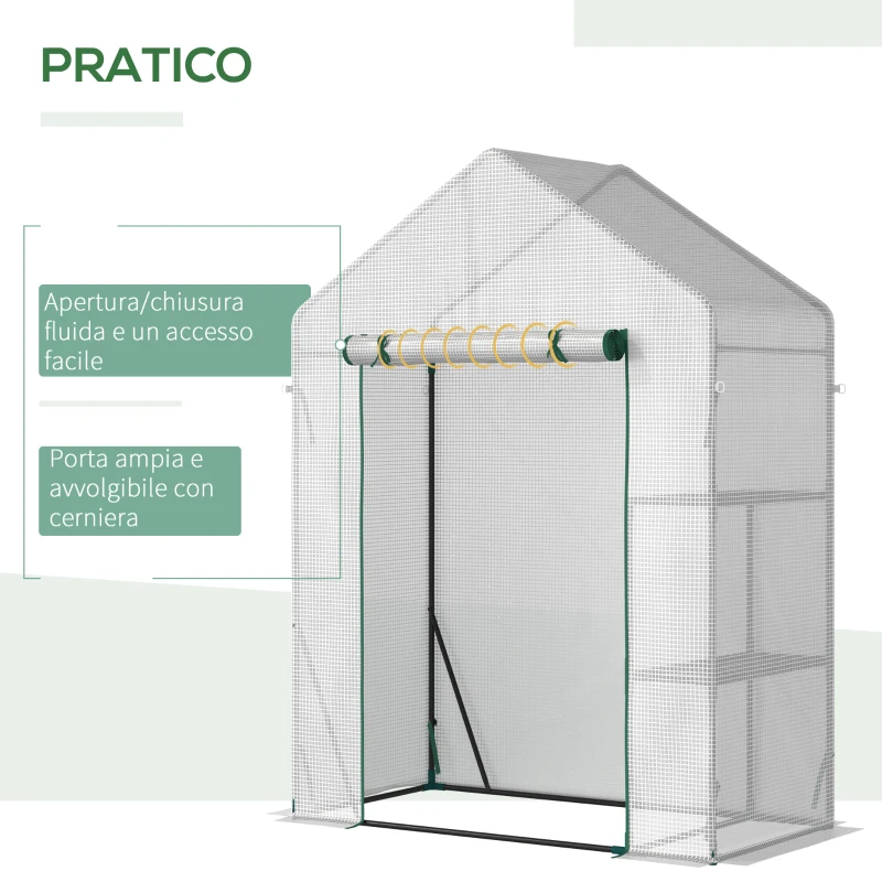 Outsunny Serra da Giardino in PE e Acciaio per Esterni con 2 Scaffali e Porta Avvolgibile, 143x73x195 cm, Bianco
