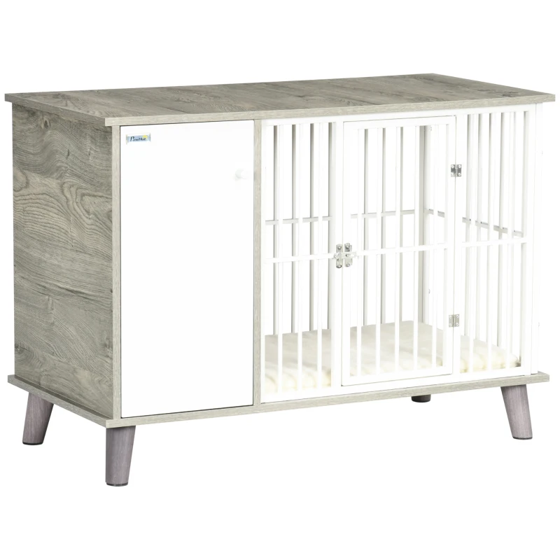 PawHut Dog Crate Pet Kennel Cage Large Top End Table w/ Side Cabinet Soft Cushion for Small Dogs Grey 98 x 48 x 70.5 cm