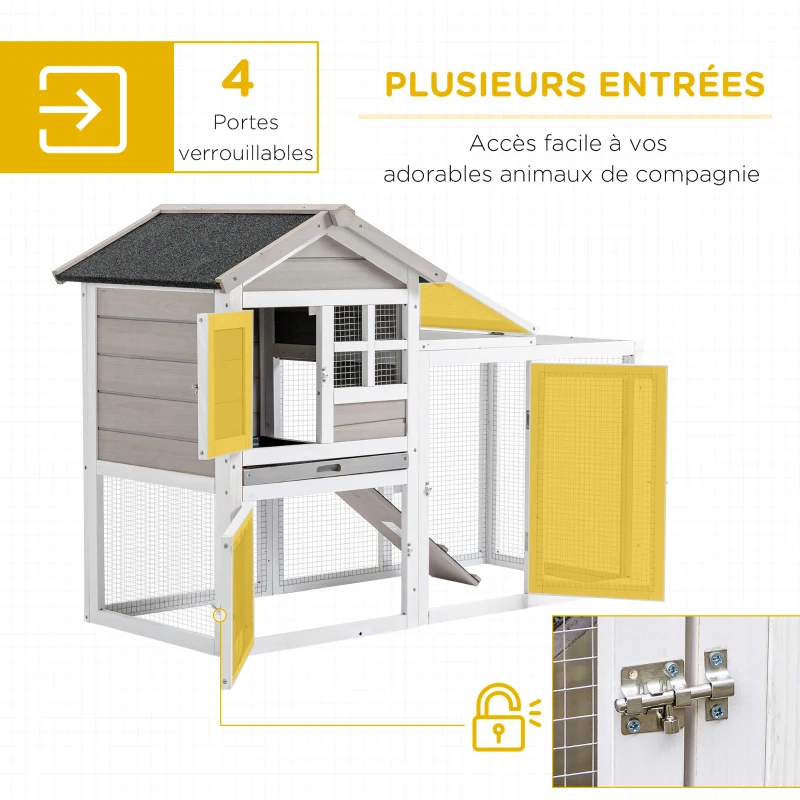 PawHut Clapier cage à lapins cottage - niche supérieure avec rampe et enclos extérieur - plateau coulissant, toit bitumé, 4 portes verrouillables - dim. 128L x 64l x 92H cm bois de sapin blanc gris