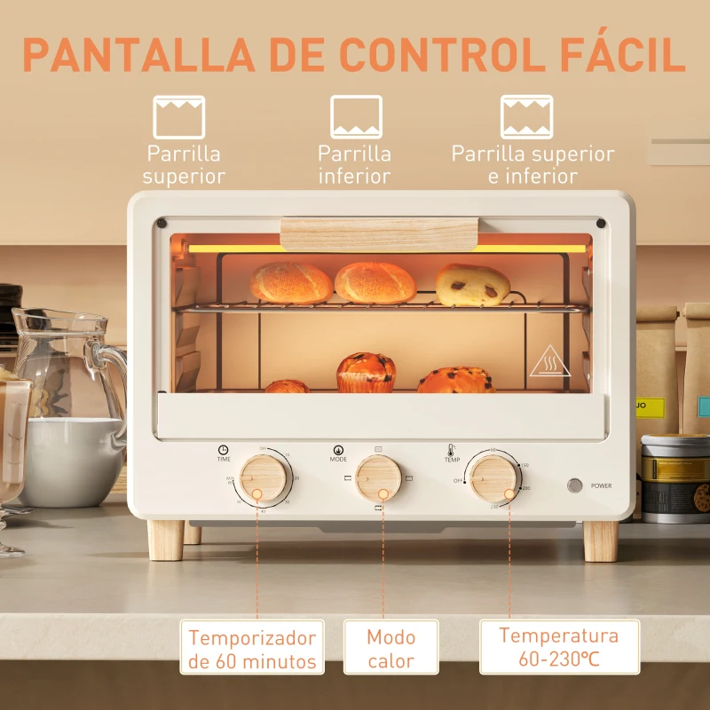 HOMCOM Horno Sobremesa de 16L 1400W Horno Eléctrico con Puerta de Vidrio Temporizador y Temperatura Ajustables hasta 230℃ Crema(m-7)