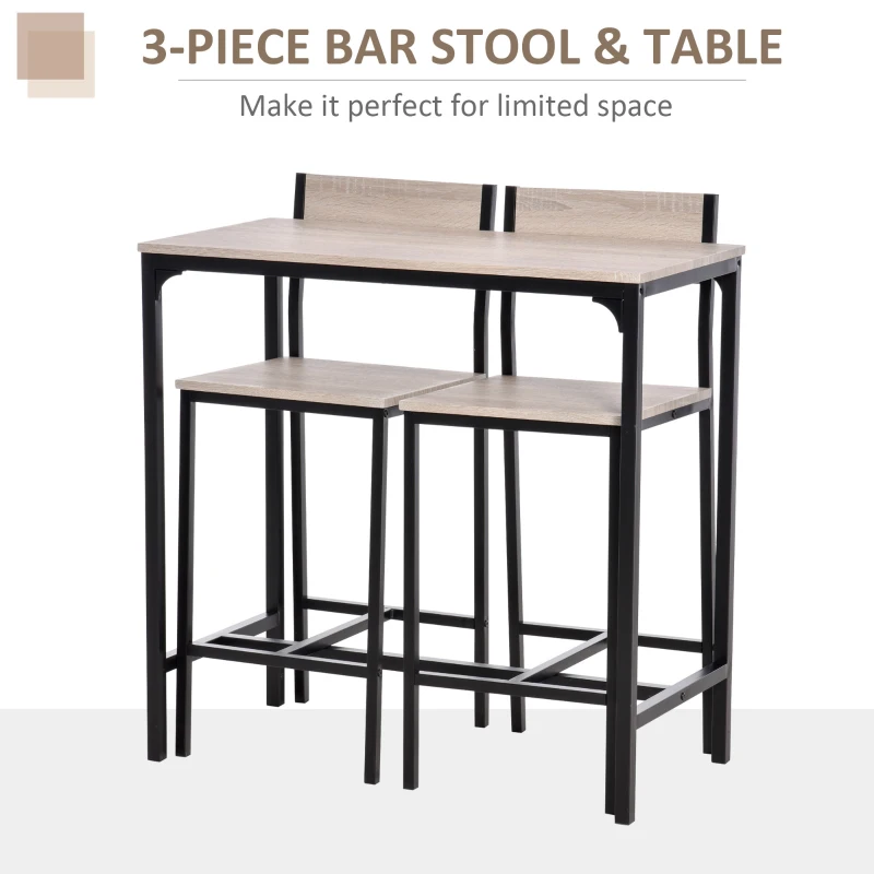 HOMCOM 3-Piece Bar Table Set with 2 Stools, Industrial Breakfast Bar Set with Footrest, Backrest for Dining Room, Small Space