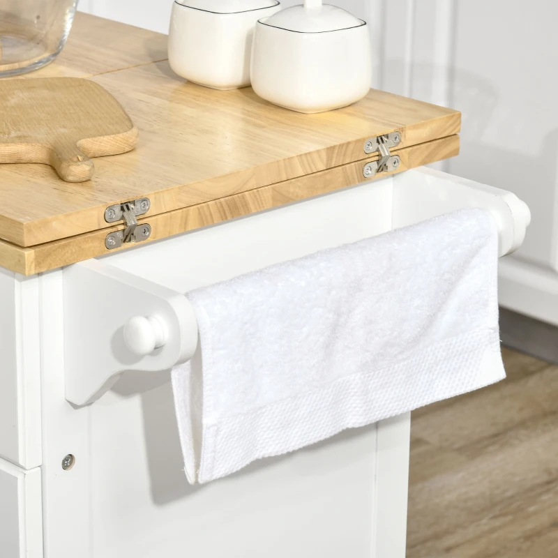 HOMCOM Carrello da Cucina Espandibile in Legno Bianco Cassetto, Armadietto, Portasciugamani e 4 Ruote 119.6x45.7x91.2cm