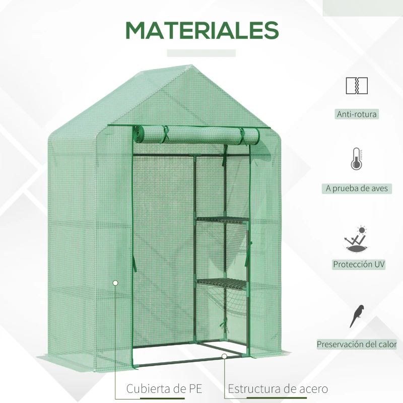 Outsunny Invernadero de Jardín 141x72x191 cm Vivero Casero con 4 Estantes Puerta Enrollable Cubierta de PE 140g/m² y Marco de Acero para Cultivos Plantas Macetas Flores Verde
