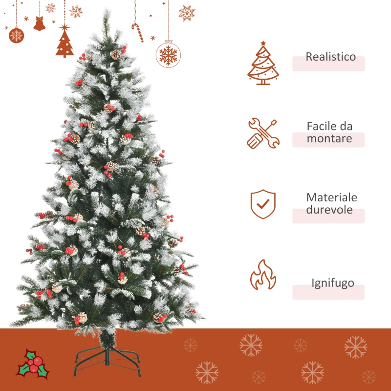 HOMCOM Albero di Natale Innevato 180cm con Bacche Rosse e Pigne Bianche, Base Rimovibile Pieghevole, 678 Rami, Verde