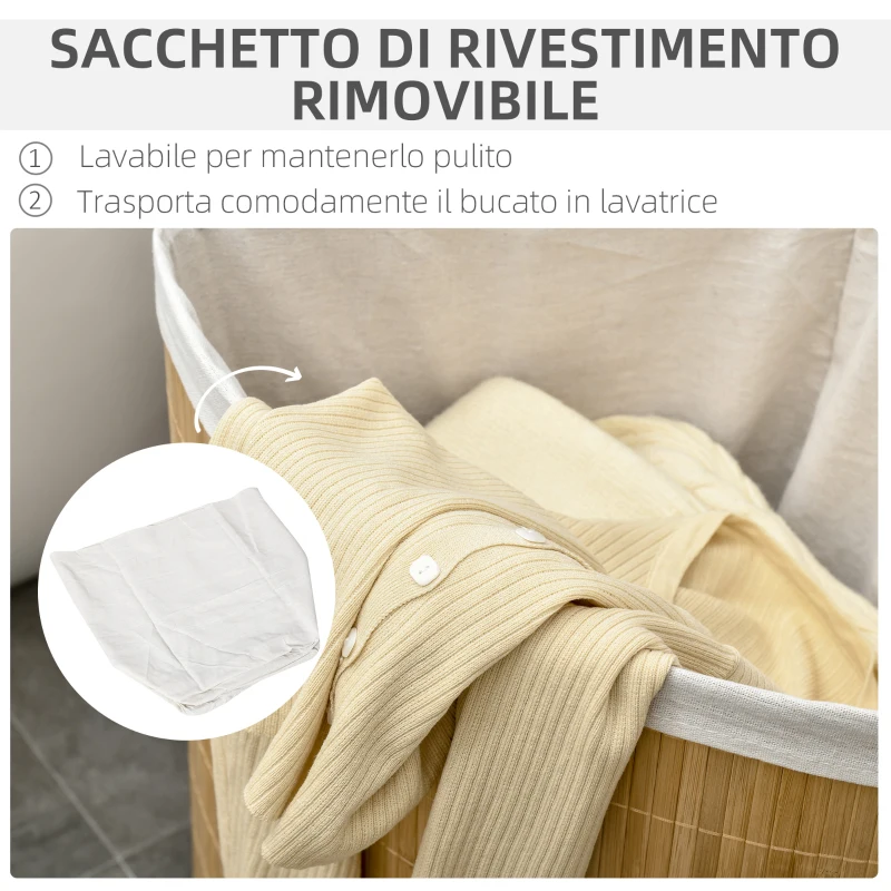 HOMCOM Cesto Portabiancheria con Coperchio Triangolare in Bambù e Tessuto, 38x38x57cm, Colore Legno