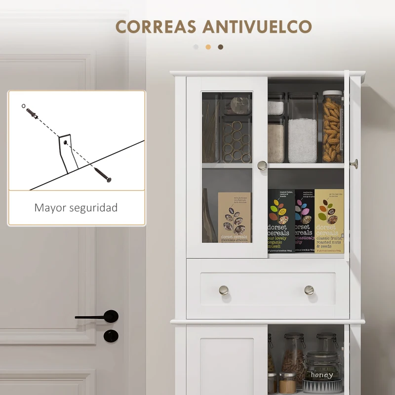 HOMCOM Alacena de Cocina Despensa Armario de Cocina con 2 Puertas de Vidrio Templado Cajón 61x35x168,5 cm Blanco(m-7)
