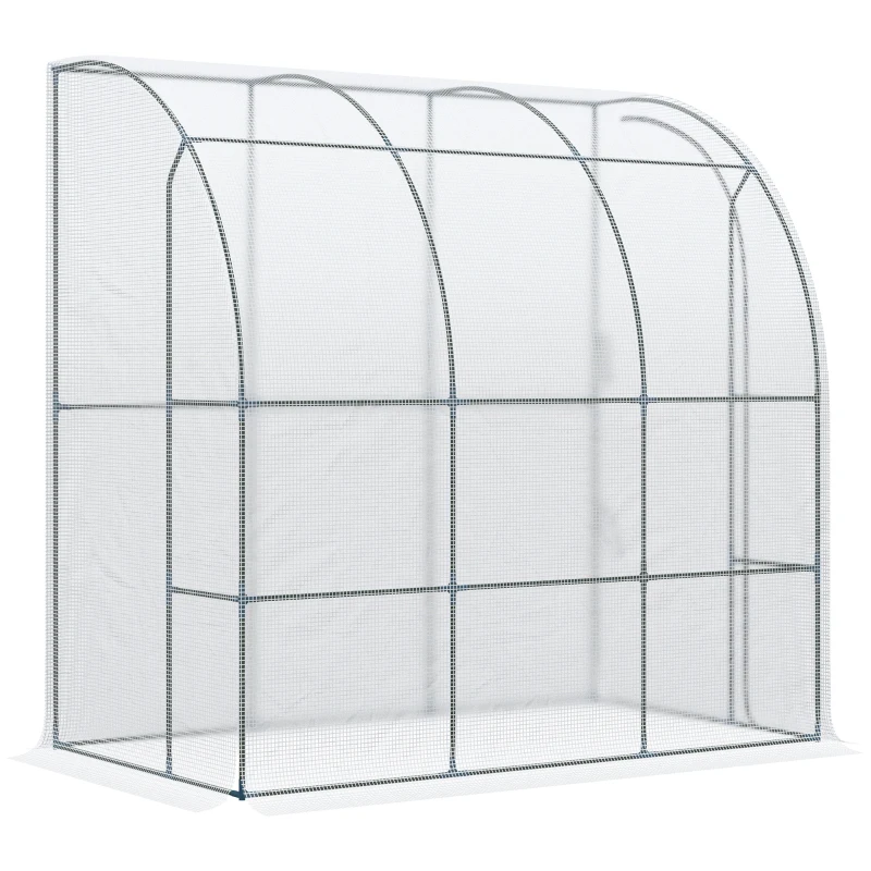Outsunny Outdoor Walk-In Lean to Wall Greenhouse with Zippered Roll Up Door and PE Cover, 214L x 118W x 212Hcm, White