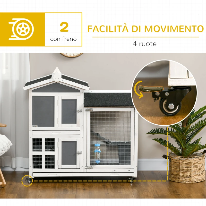 PawHut Conigliera da Esterno per 2 Conigli in Legno con Vassoio Estraibile e Area di Corsa, 110x60x104 cm