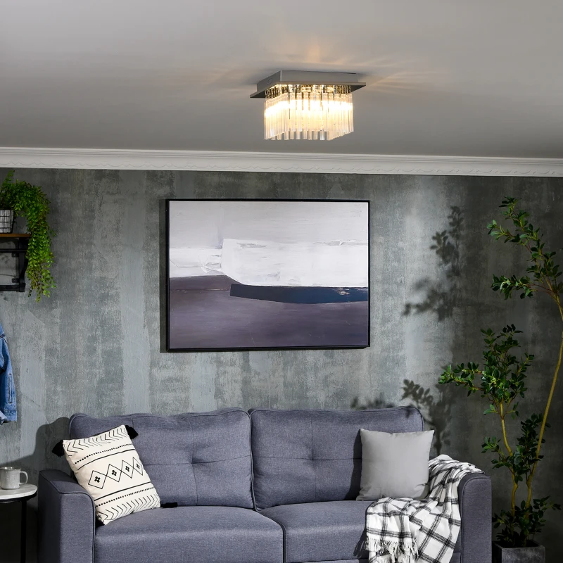 HOMCOM Modern Raindrop K9 Crystal Chandelier, Flush Mount Ceiling Light Fixture, Square Pendant Lamp for Living Room, Bedroom, 4 G9 Bulbs Required, 32W x 20H cm