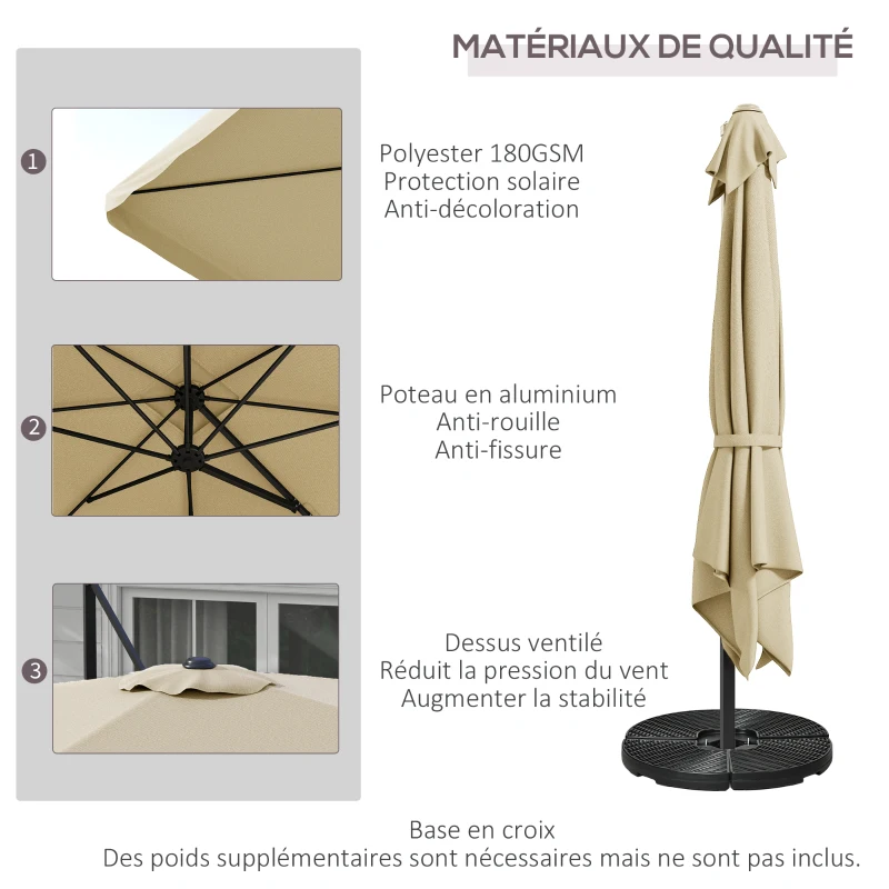 Outsunny Parasol déporté carré inclinable manivelle avec pied en croix 3 x 3 x 2,56H m, aluminium, pour jardin, beige