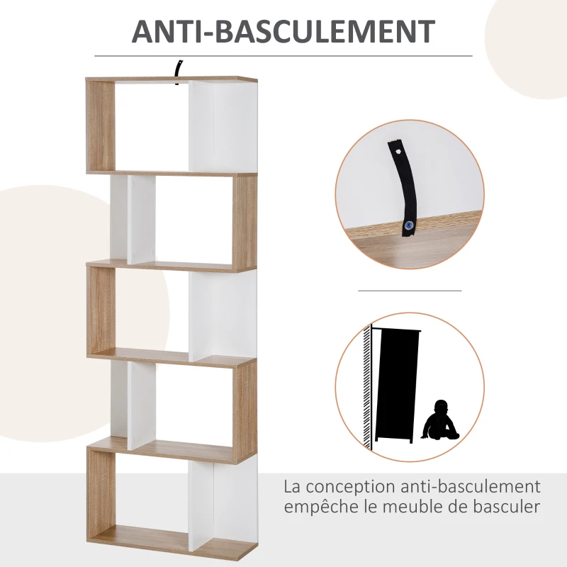 HOMCOM Bibliothèque à 5 niveaux, meuble de rangement en forme de S avec étagères, étagère de rangement pour salon, chambre bureau, 60 x 24 x 184,5 cm, bois de chêne, blanc