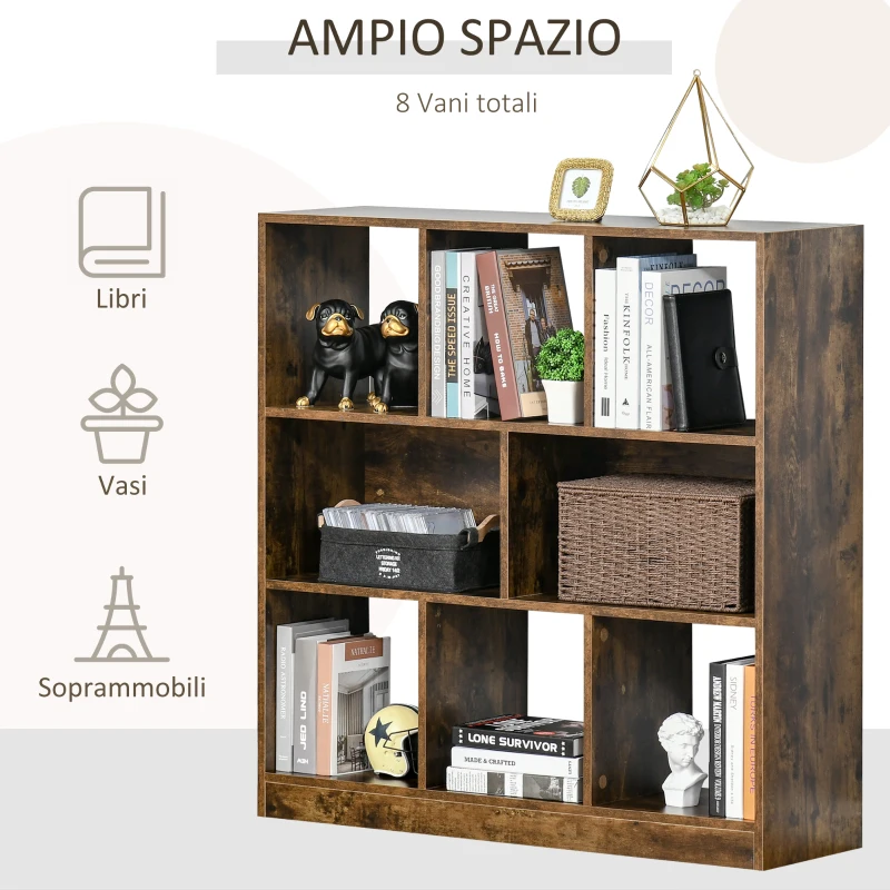 HOMCOM Libreria Moderna a 3 Ripiani con 8 Vani, Mobile da Ingresso, Soggiorno e Camera, 97.5x30x100cm, Marrone Rustico
