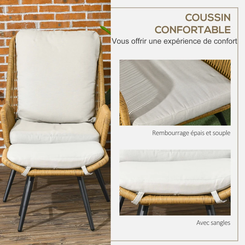 Outsunny Fauteuil de jardin avec repose-pieds en rotin PE, dossier inclinable et coussins, design bohème