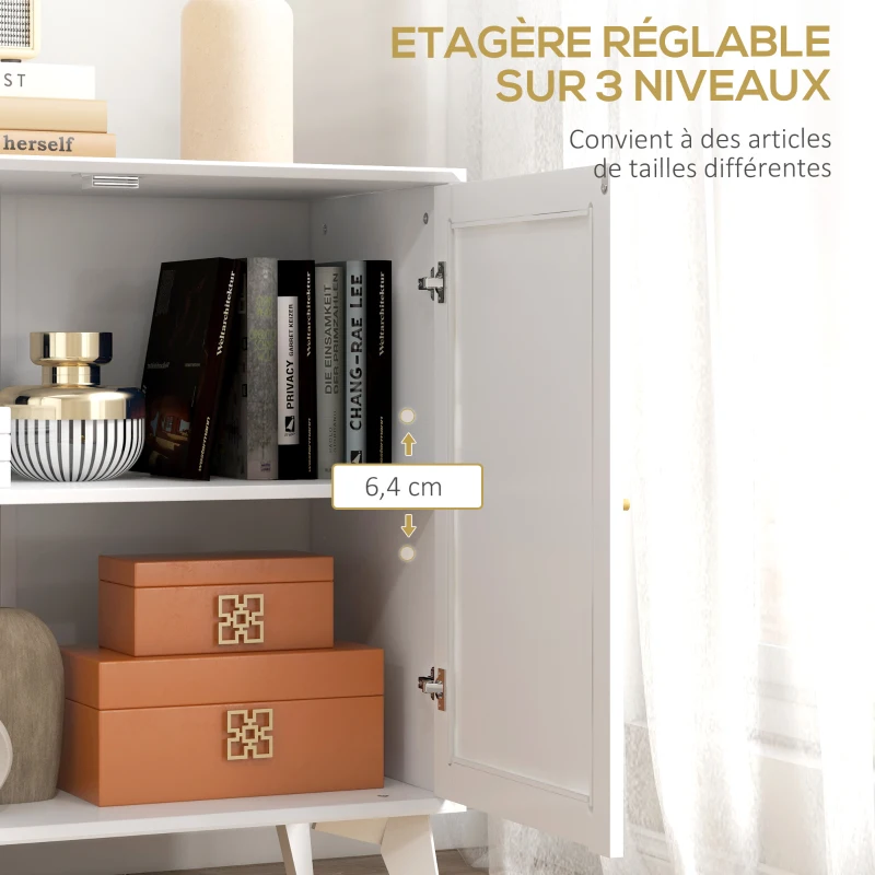 HOMCOM Buffet haut meuble de rangement design bohème double portes avec 2 niveaux, façade en rotin 80 x 40 x 85 cm blanc