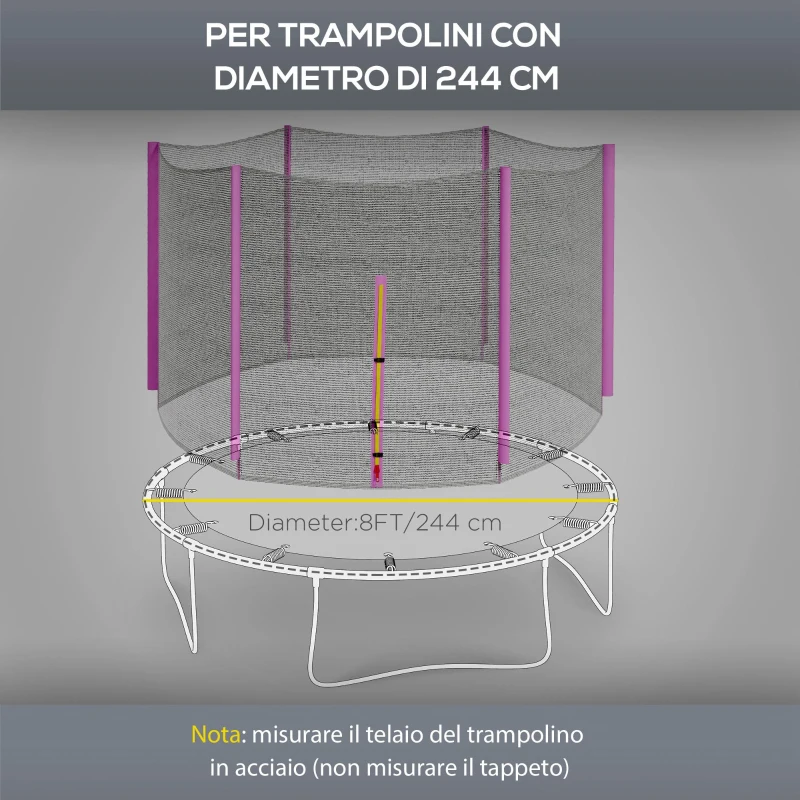 SPORTNOW Rete di Protezione per Trampolini a 6 Pali con Ingresso con Cerniera, in PE, Ø244x180 cm, Nero e Rosa