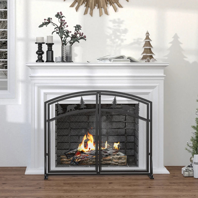 HOMCOM Parascintille per Camino in Metallo con 2 Porte e Decorazioni Natalizie, 99x35x80 cm, Nero