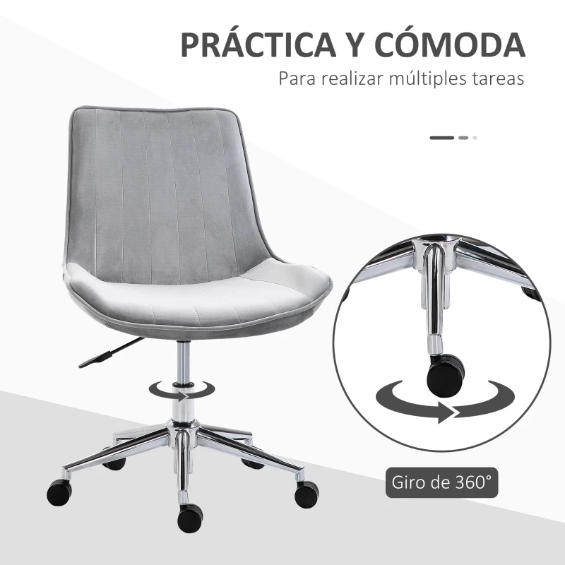 HOMCOM Silla de Oficina Sin Reposabrazos Silla de Escritorio Silla Giratoria para Niños con Altura Ajustable Respaldo de Poliéster Suave y Ruedas Carga 120 kg 52,5x60x82-91 cm Gris