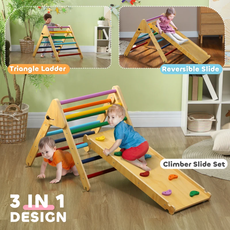AIYAPLAY Toddler Climbing Frame for Kids with Ramp, 3 in 1 Wooden Pikler Triangle Set for 18-48 Months, Multicolour