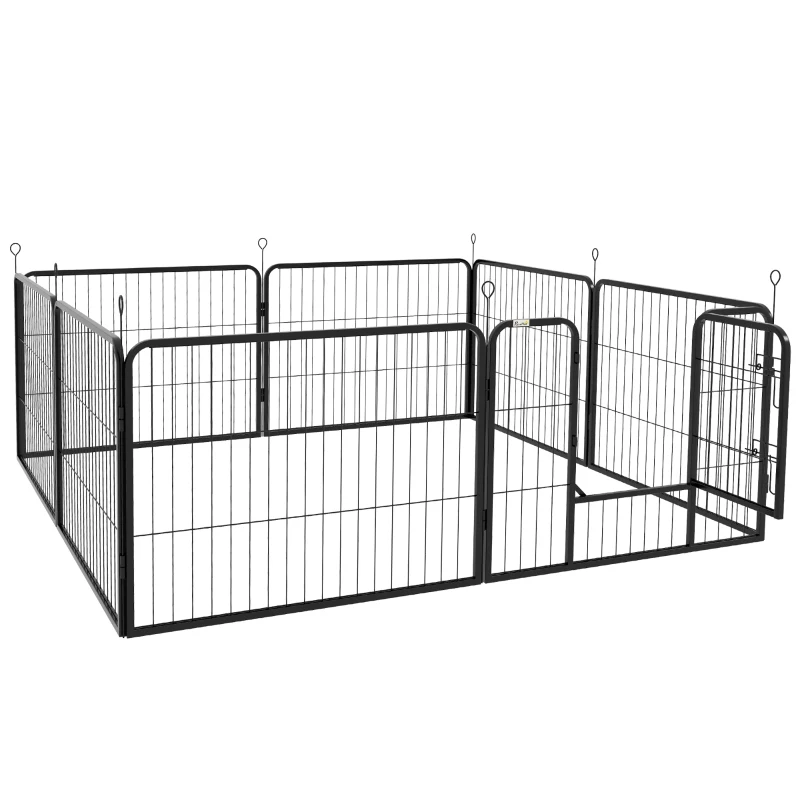 PawHut Corralito para Perros de 8 Paneles 80x60 cm con Forma Personalizable Puerta Marco de Acero y 8 Anclajes de Tierra Negro