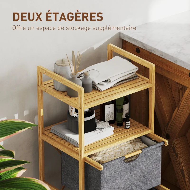 HOMCOM Panier à linge en bambou corbeille à linge sale avec 2 sacs en tissu coulissants et étagères ouvertes, naturel