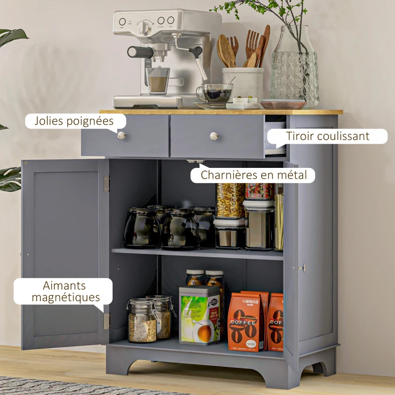 HOMCOM Meuble de rangement buffet salon avec placards, 2 tiroirs et étagères réglables, 68x40,3x85cm, gris et bois naturel