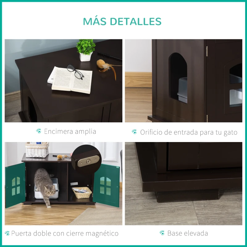 PawHut Casa para Gatos de Madera Mueble Arenero para Gatos 2 en 1 con Armario de Almacenaje Encimera Amplio 2 Puertas con Ventanas y Orificio de Entrada Lateral 80,3x52,6x48,8 cm Café