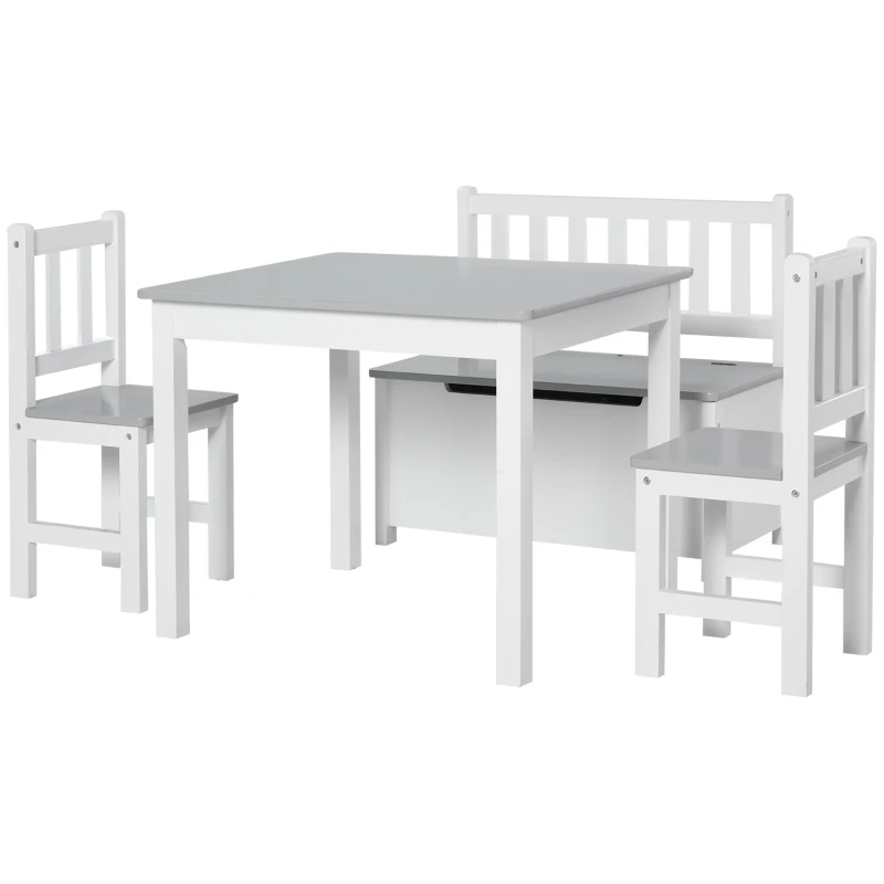 HOMCOM Set Tavolo per Bambini con 2 Sedie e Cassapanca in Legno per Cameretta, Bianco e Grigio