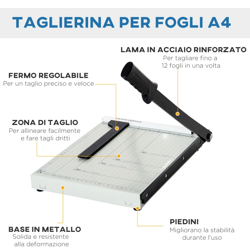 HOMCOM Tagliacarte per 12 Fogli max con Griglia e Stampa Metrica, in Metallo e ABS, 48x26.5x5 cm, Bianco e Nero
