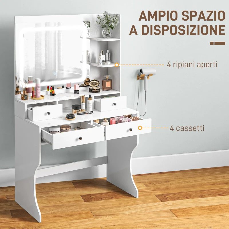 HOMCOM Toeletta Trucco con Luci LED 3 Tonalità e Specchio, Prese USB, 4 Cassetti e Mensole, 90x45x160cm, Bianco