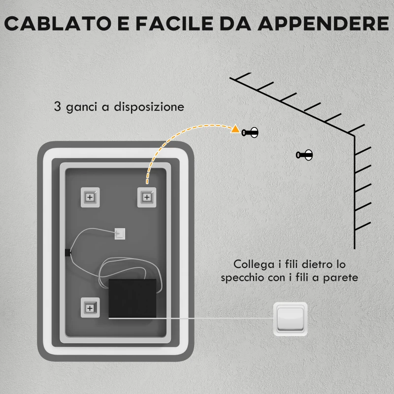 HOMCOM Specchio Bagno con Interruttore Touch, Luce LED a 3 Temperature e Antiappannamento, 70x50cm