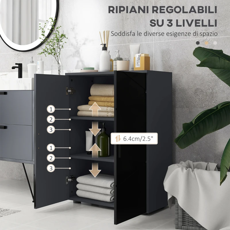 kleankin Mobiletto Bagno 2 Ante in Legno con 3 Ripiani e Chiusura Ammortizzata, 60x30x82cm, Nero