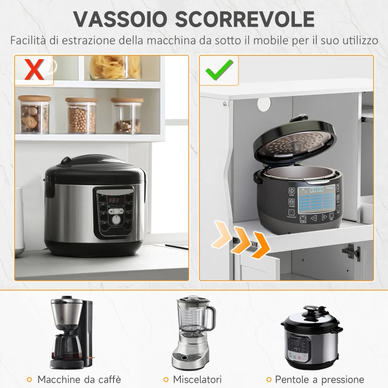 HOMCOM Credenza Cucina Salvaspazio con 2 Armadietti e 2 Ripiani Estraibili in Legno, 84x39x109 cm, Bianco