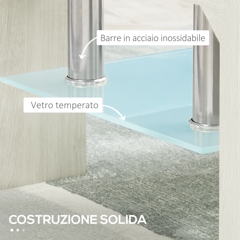 HOMCOM Tavolino da Caffè Moderno a 2 Livelli in Vetro e Legno, 90x50x42cm, Bianco