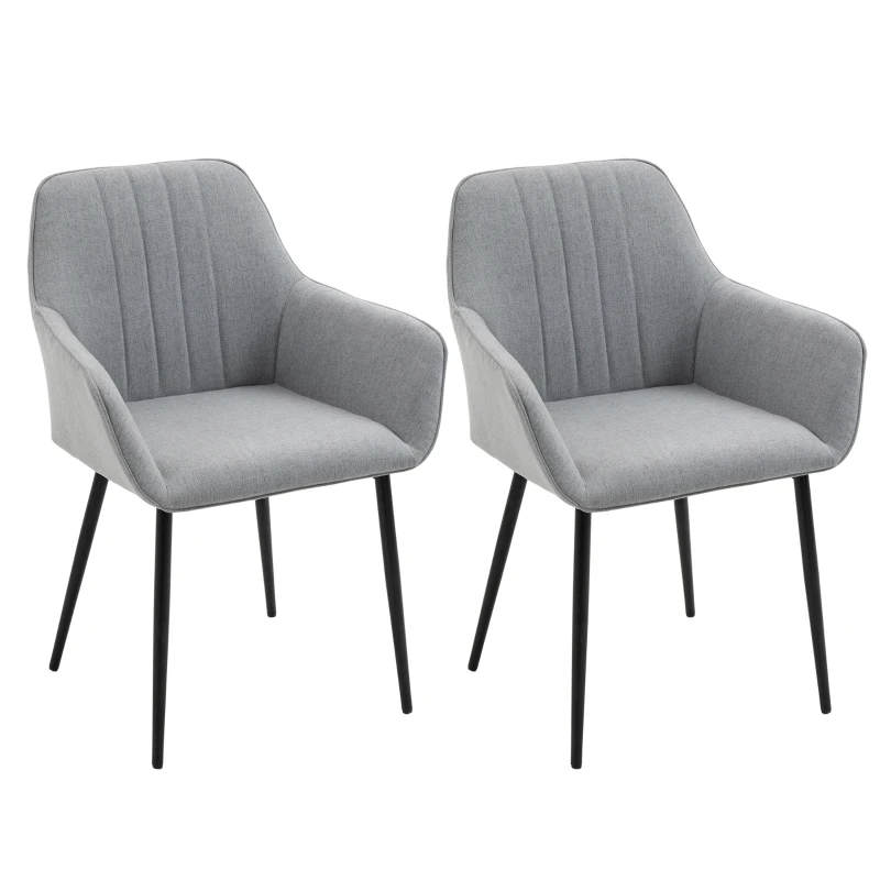 HOMCOM Chaises de Salle à Manger Chaises de Visiteur Design scandinave - Lot de 2 chaises - Pieds effilés métal Noir - Assise Dossier accoudoirs ergonomiques Lin Gris