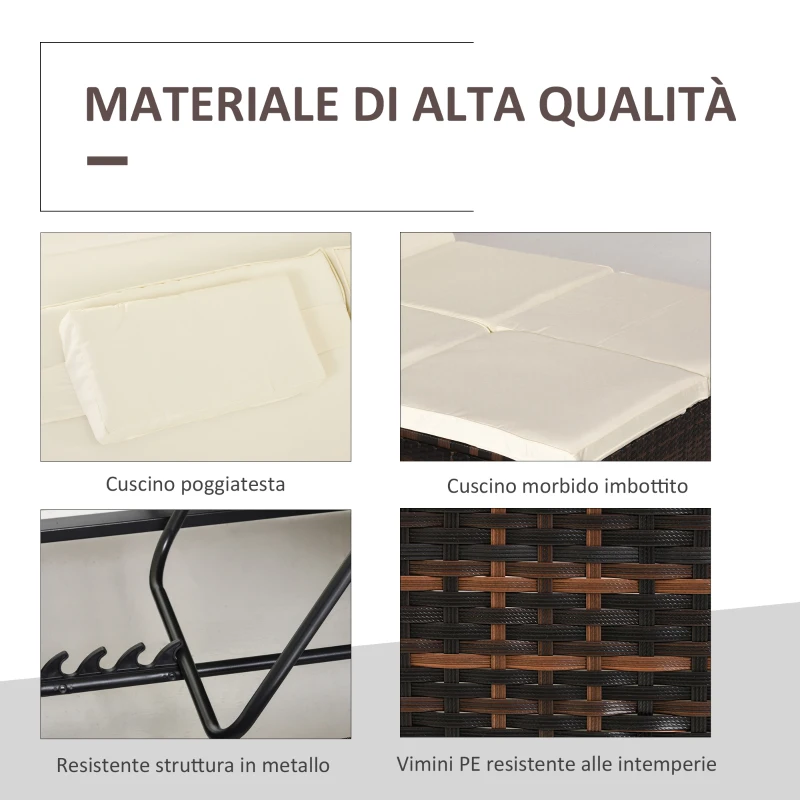 Outsunny Sdraio da Giardino Doppia con Tettuccio e Schienale 5 Reclinazioni, Lettino Prendisole in Rattan PE 196x137x31cm Bianco Crema
