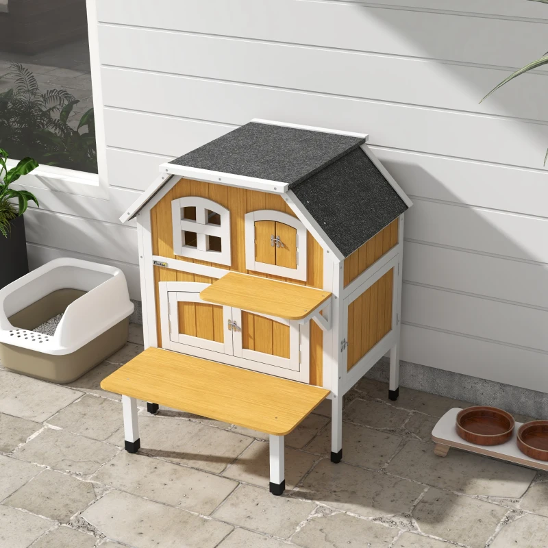 PawHut Outdoor Cat Shelter 2 Tiers Wooden Feral Cat House with Openable Asphalt Roof, Escape Doors, Terrace, for 1-2 Cats