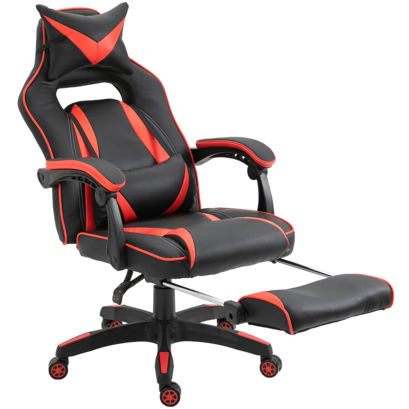HOMCOM Chaise gaming Fauteuil Gamer Fauteuil de Bureau ergonomique avec support lombaire et Repose-Pieds revêtement synthétique Noir Rouge