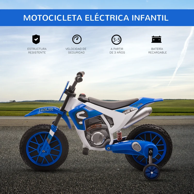 HOMCOM Moto Eléctrica para Niños de +3 Años 12V Moto de Juguete Infantil con 2 Ruedas de Equilibrio Velocidad 3-8 km/h Arranque Suave 106,5x51,5x68 cm Azul