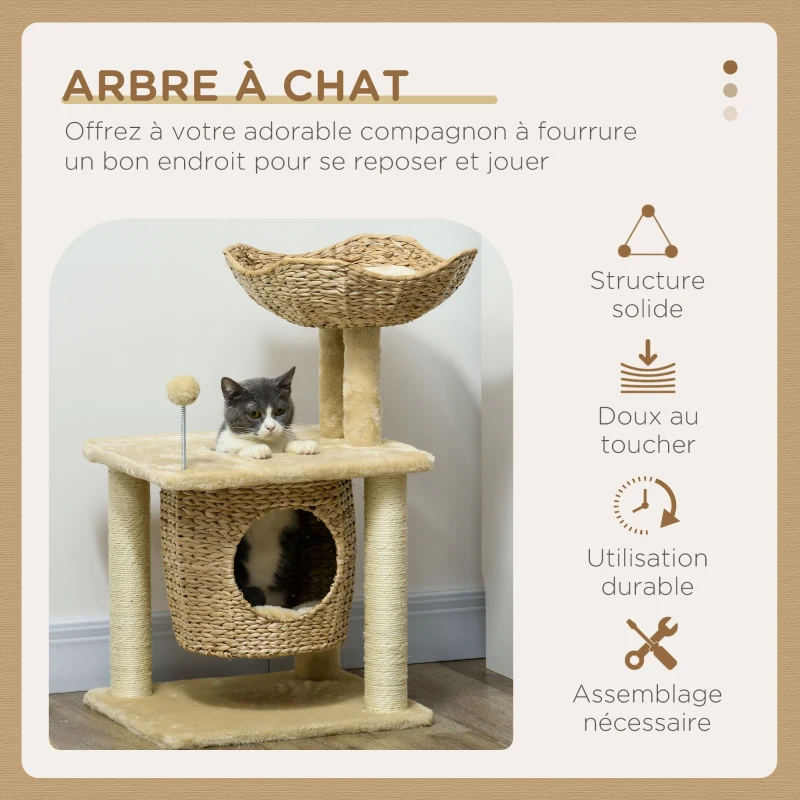 PawHut Arbre à chats griffoir sisal naturel 1 niche panier pompon peluche jacinthe d'eau 45 x 40 x 74 cm beige