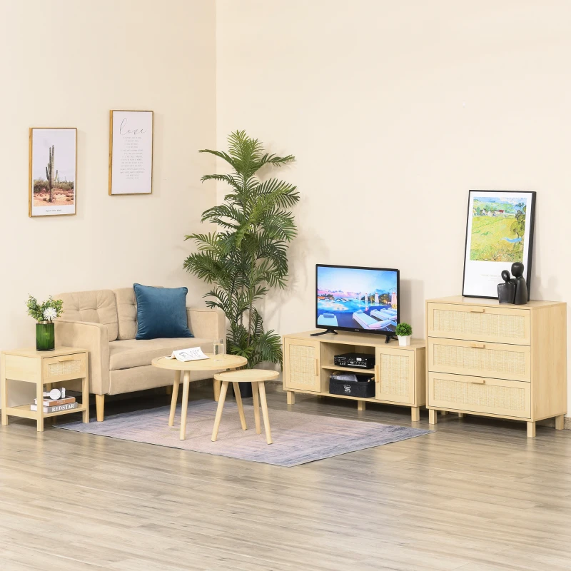 HOMCOM Table de chevet table de nuit avec tiroir et étagère, cannage en rotin, dim. 40L x 40l x 48H cm aspect bois naturel clair