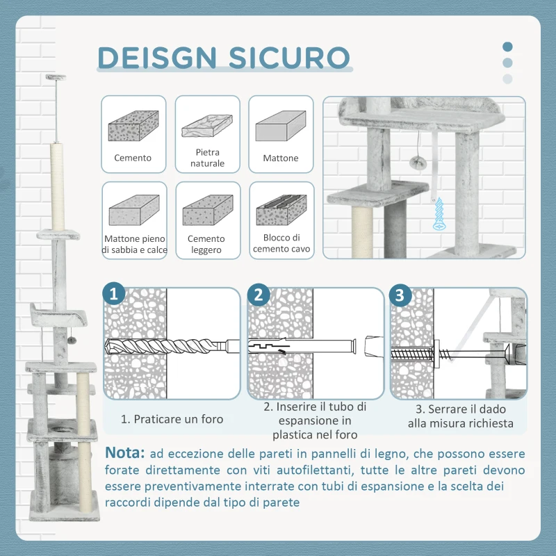 PawHut Albero Tiragraffi per Gatti a Soffitto con Piattaforme e Casetta, 60x40x225-255cm, Grigio
