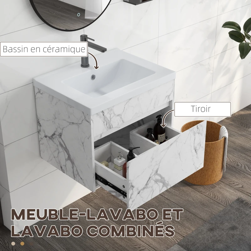 kleankin Meuble sous lavabo suspendu meuble de salle de bain avec bassin et tiroir design moderne 60 x 45,5 x 45 cm blanc