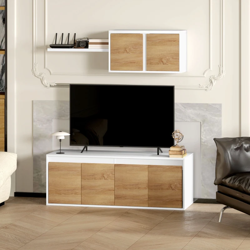HOMCOM Set Mobile TV e Armadietto a Muro con 7 Ripiani e Scaffale Aperto, in Legno, 120x41x43.3 cm, Bianco e color Legno