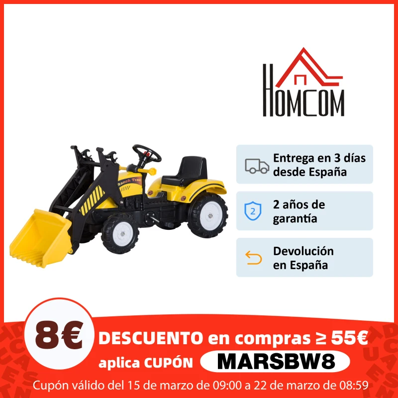 HOMCOM Tractor Pedal Excavadora Camión + Pala Delantera para Niños 3 Años Juguete de Montar Coche Pedales Carga 35kg 114x41x52cm Metal y Plástico